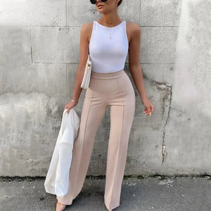 Women's Beige High-Waisted Palazzo Pants with Wide Legs