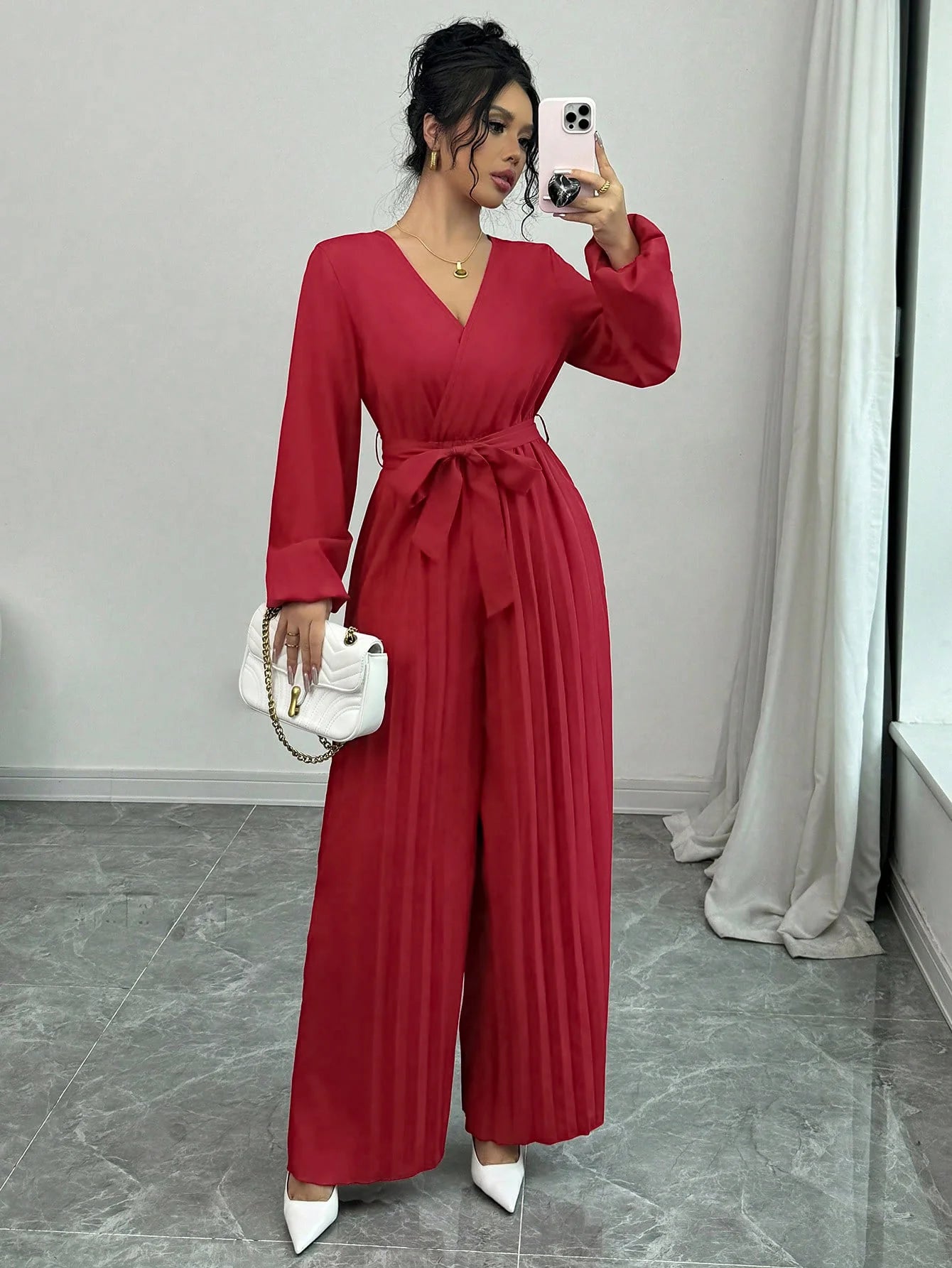 Elegant Women's Long Red Dress with Long Sleeves and Waist Tie, Pleated
