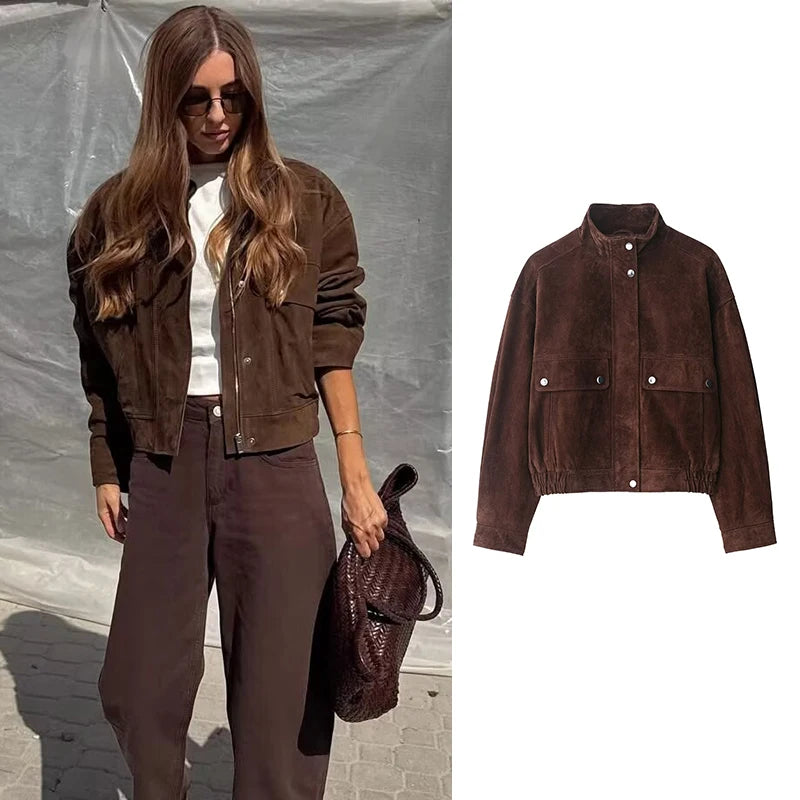 Women's Brown Suede Bomber Jacket, Oversized