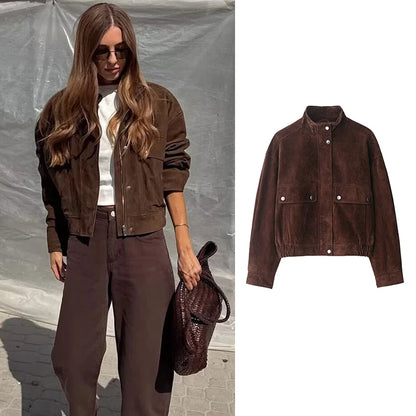Women's Brown Suede Bomber Jacket, Oversized