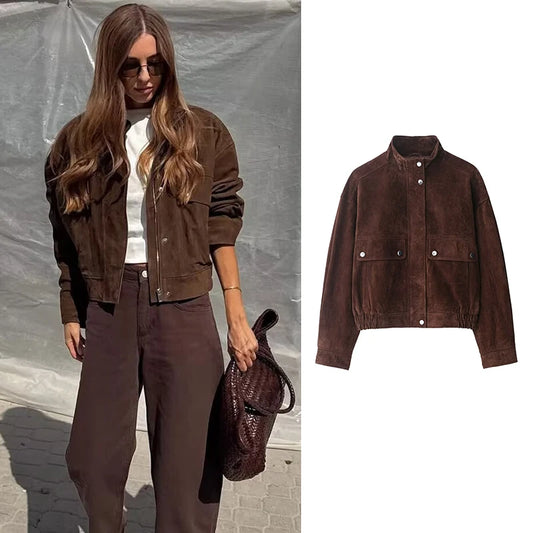 Women's Brown Suede Bomber Jacket, Oversized