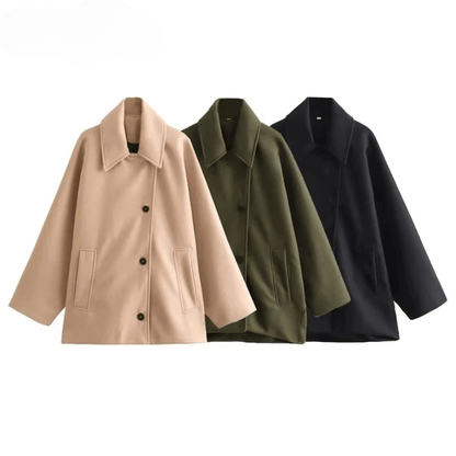 Women's Winter Oversized Wool Coat, Elegant Short Overcoat with Buttons and Pockets | Neutral Tones