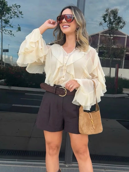 Women's Chiffon Blouse with Ruffles, Long Sleeves, Lightweight and Elegant