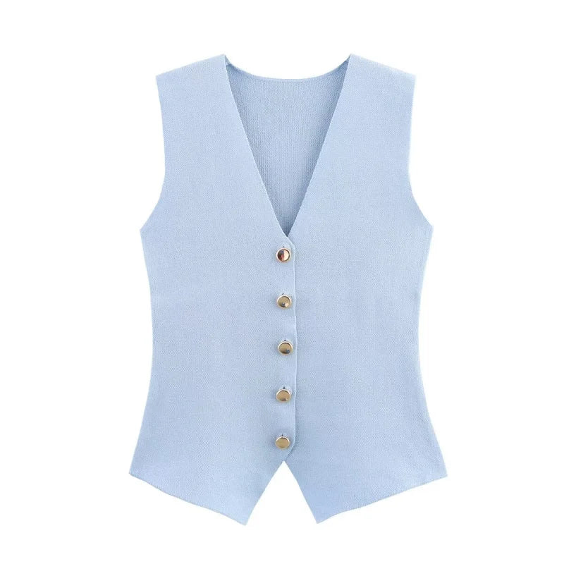 Women's Knit Vest with Gold Buttons, Fitted Waist, Sleeveless, Elegant and Versatile