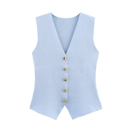 Women's Knit Vest with Gold Buttons, Fitted Waist, Sleeveless, Elegant and Versatile