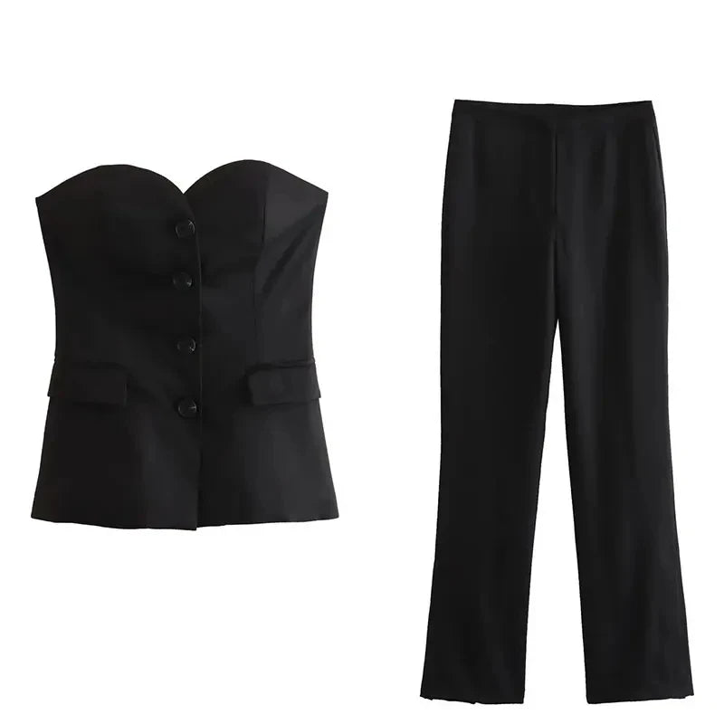 Women's Tailored Set: Corset Top with Buttons and Straight Leg Pants