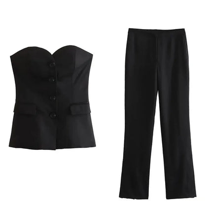 Women's Tailored Set: Corset Top with Buttons and Straight Leg Pants