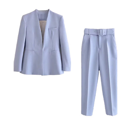 Women's Formal Suit: Blazer and Tailored Trousers with Belt