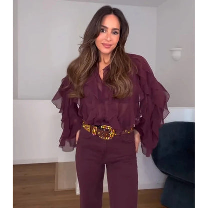 Women's blouses with ruffles, semi-sheer, casual, for spring, fairy-like style, with long sleeves.