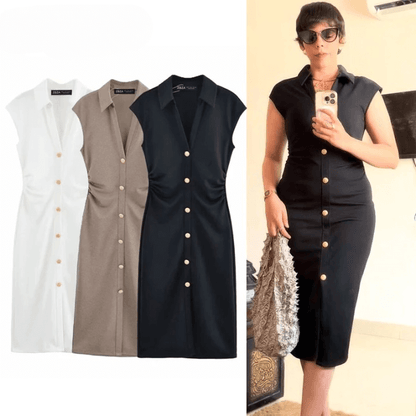 Women's Midi Formal Dress with Gold Buttons and Collar