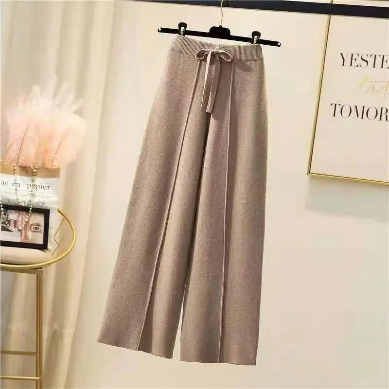 Women's Wide Leg Knit Pants for Winter, High Waist and Adjustable Drawstring