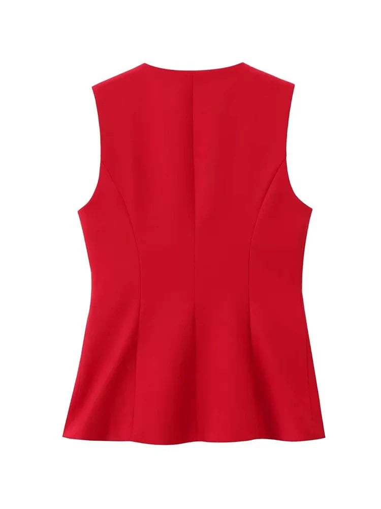 Women's Red Formal Outfit: Tailored Vest and Elegant Straight-Leg Trousers