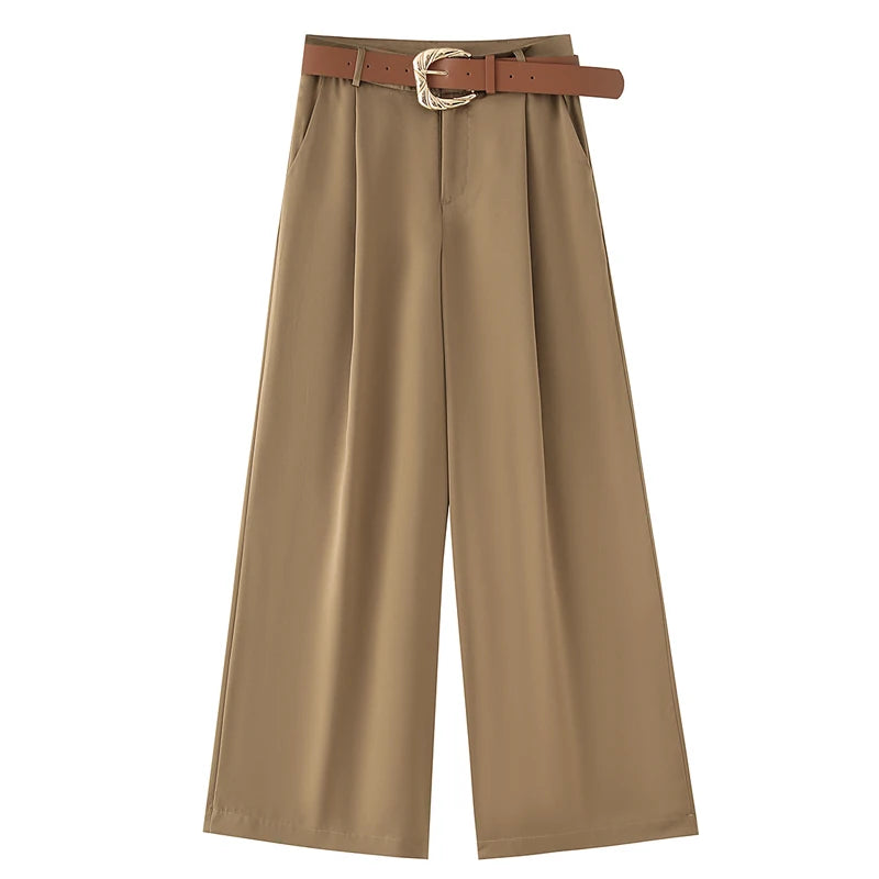 Women's Wide Leg Tailored Beige Trousers with Belt, Elegant Dress Pants