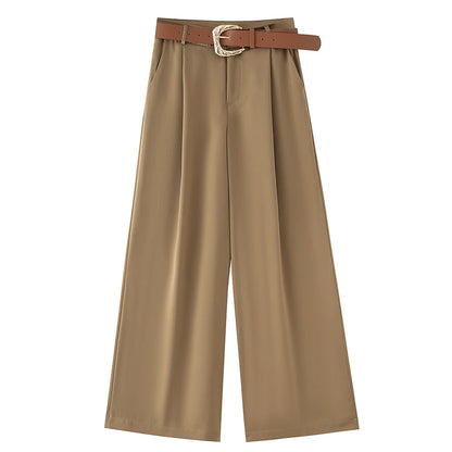 Women's Wide Leg Tailored Beige Trousers with Belt, Elegant Dress Pants