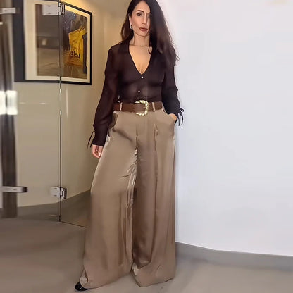 Women's Wide Leg Tailored Beige Trousers with Belt, Elegant Dress Pants