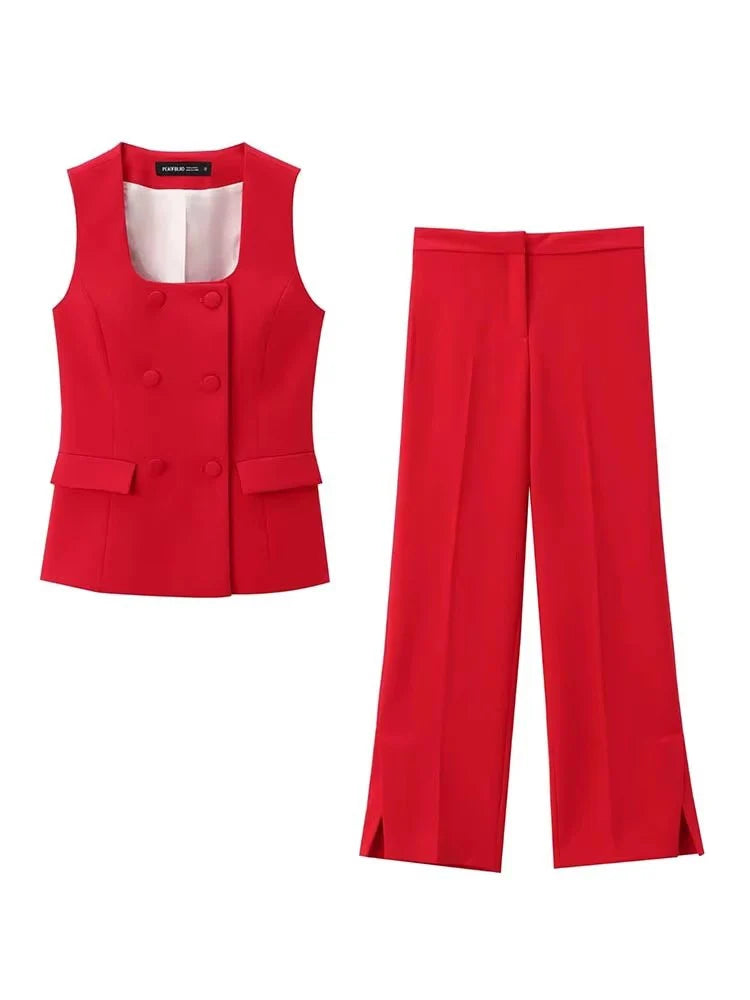 Women's Red Formal Outfit: Tailored Vest and Elegant Straight-Leg Trousers