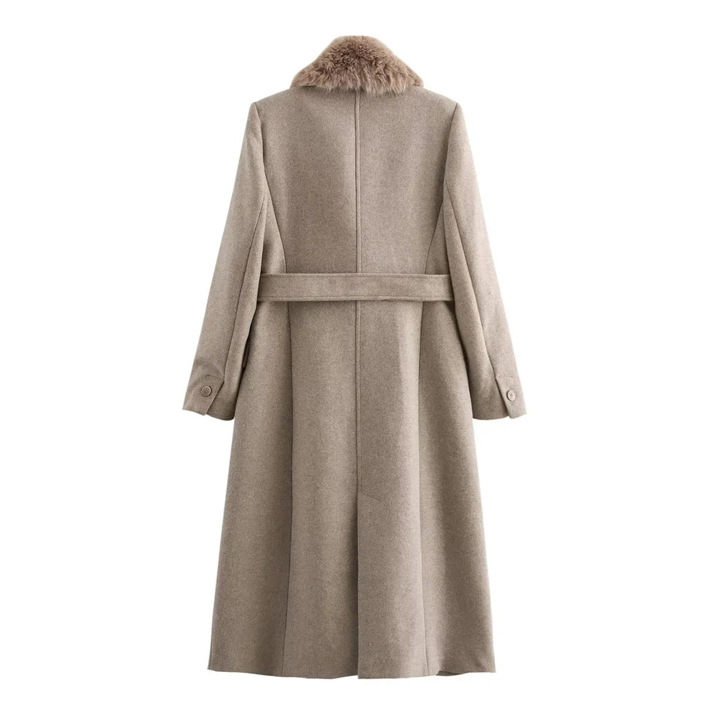 Women's Long Wool Coat with Fur Collar and Elegant Belt - Winter