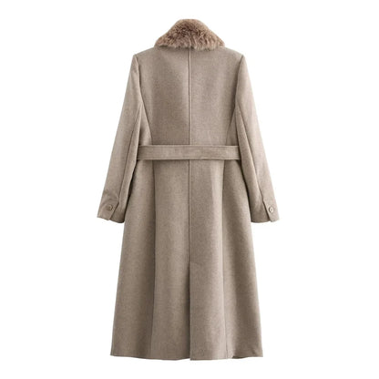 Women's Long Wool Coat with Fur Collar and Elegant Belt - Winter