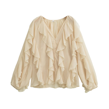 Women's Chiffon Blouse with Ruffles, Long Sleeves, Lightweight and Elegant