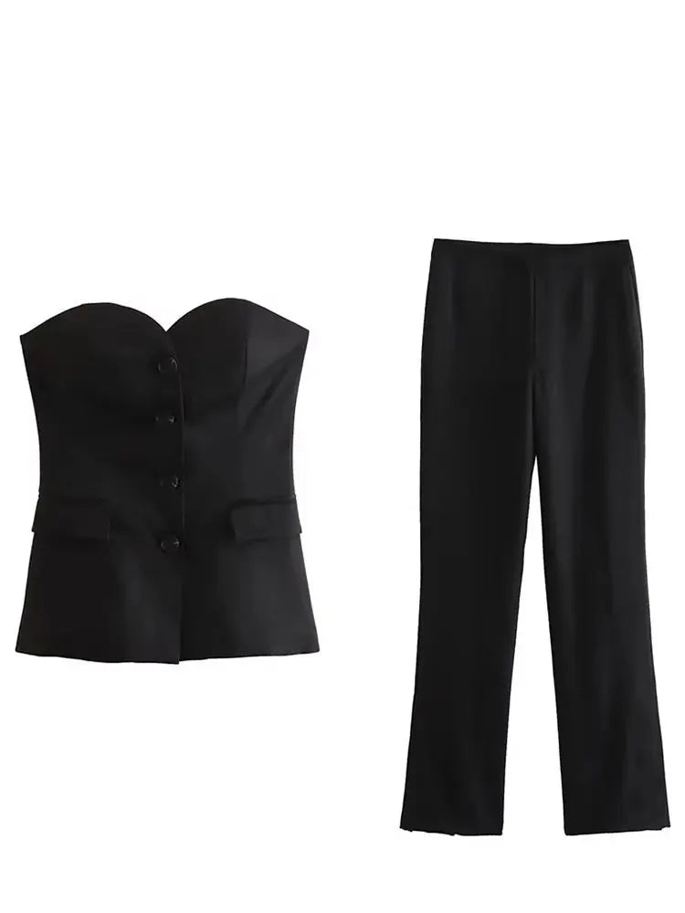 Women's Tailored Set: Corset Top with Buttons and Straight Leg Pants