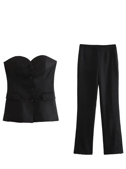 Women's Tailored Set: Corset Top with Buttons and Straight Leg Pants