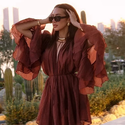 Women's Short Brown Dress with Flare Sleeves and Ruffles, Boho Chic Style, in Chiffon