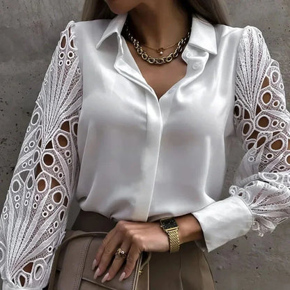 Women's Satin Shirt with Long Sleeves and Openwork Lace - Elegant for Work or Events