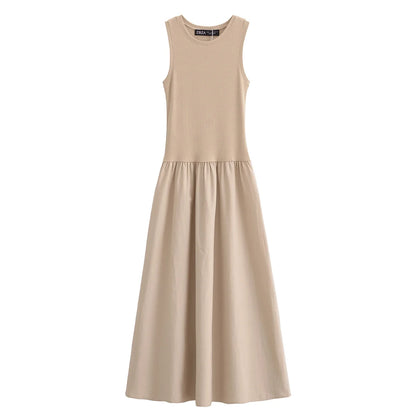 Women's Elegant Casual Cotton Tank Top Midi Dress, Black or Beige