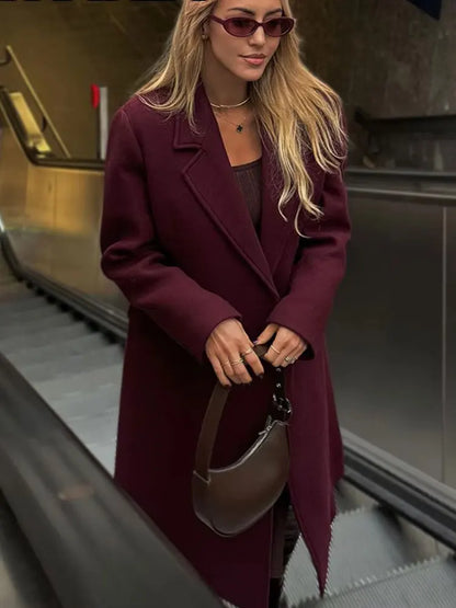 Women's Long Tailored Coat, Wine Color, Elegant Winter Overcoat
