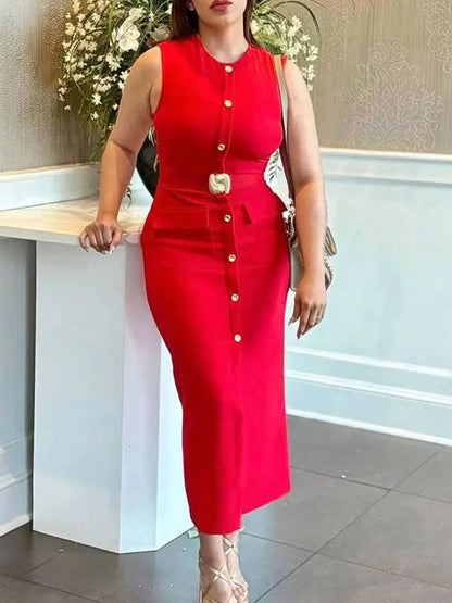 Women's Midi Formal Dress with Buttons and Slit