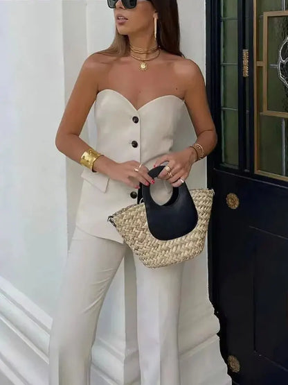 Women's Tailored Set: Corset Top with Buttons and Straight Leg Pants