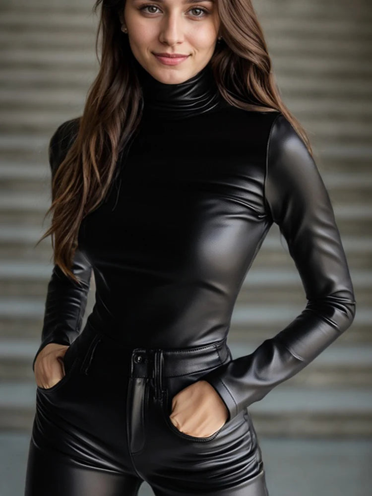 Women's High Neck Blouse in Faux Leather