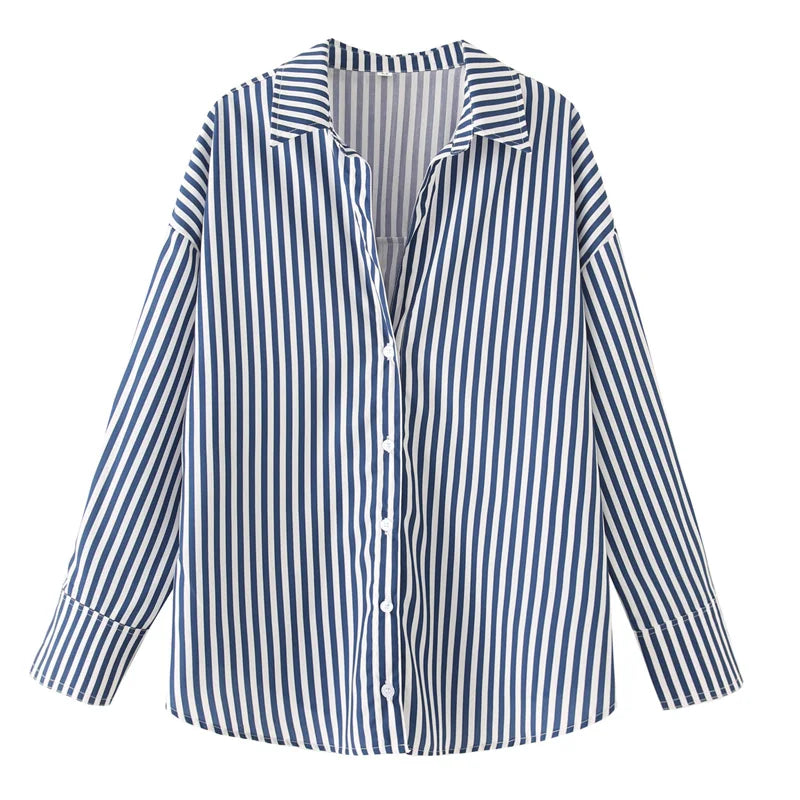 Women's Striped Casual Elegant Shirt, Button-Down Dress Shirt, Long-Sleeved Striped Blouse