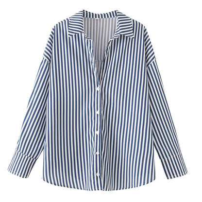 Women's Striped Casual Elegant Shirt, Button-Down Dress Shirt, Long-Sleeved Striped Blouse