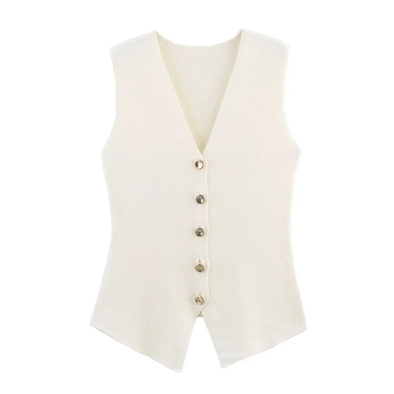 Women's Knit Vest with Gold Buttons, Fitted Waist, Sleeveless, Elegant and Versatile