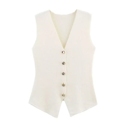 Women's Knit Vest with Gold Buttons, Fitted Waist, Sleeveless, Elegant and Versatile