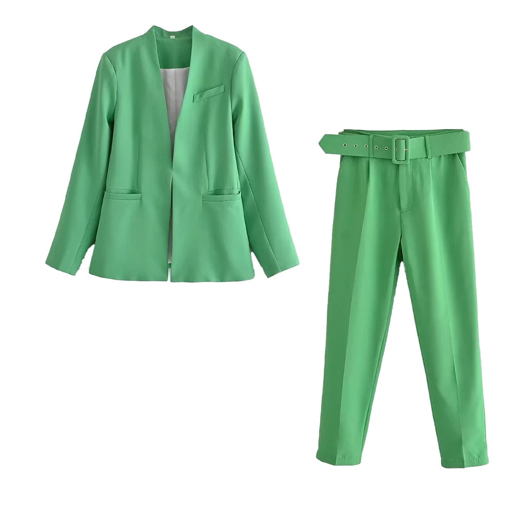Women's Formal Suit: Blazer and Tailored Trousers with Belt