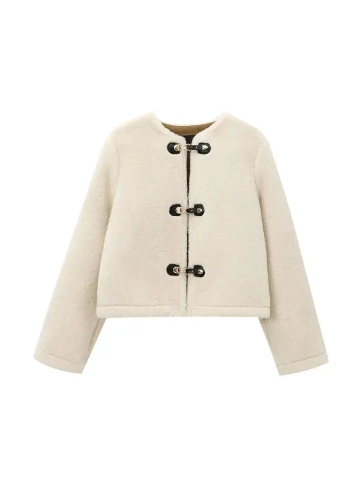 Women's Beige Short Faux Fur Coat with Toggle Closure, Elegant Teddy Winter Jacket