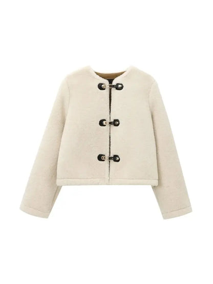 Women's Beige Short Faux Fur Coat with Toggle Closure, Elegant Teddy Winter Jacket