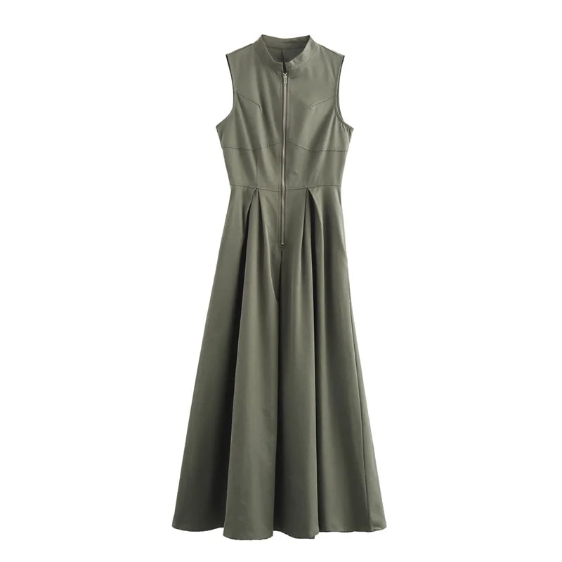 Long dress with zipper, pleated, sleeveless, bodycon, elegant for summer parties, midi length.