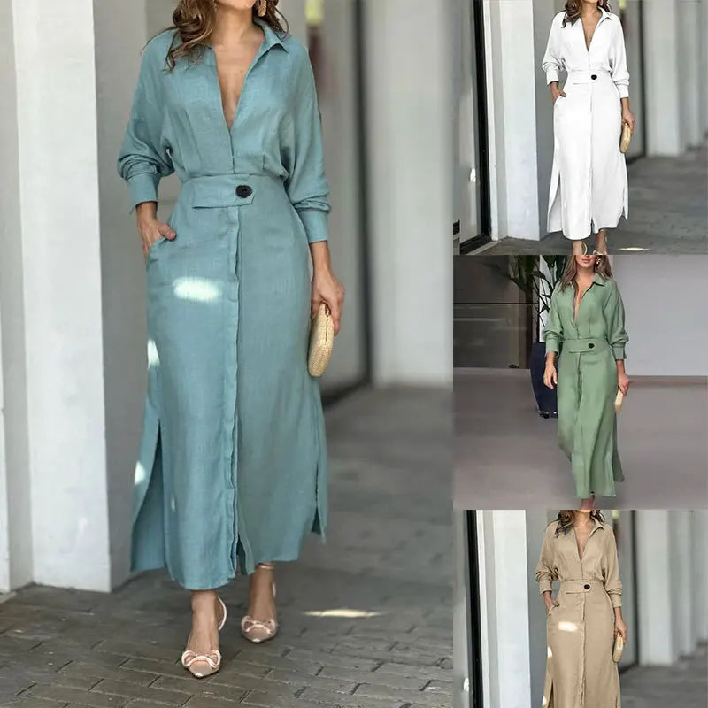 Elegant Women's Long Shirt Dress with Belt, Long Sleeves, Pockets, and Side Slit