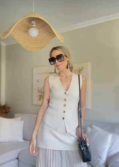 Women's Knit Vest with Gold Buttons, Fitted Waist, Sleeveless, Elegant and Versatile