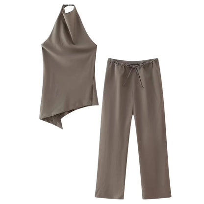 Women's Set: Asymmetrical Halter Top and Wide-Leg Pants