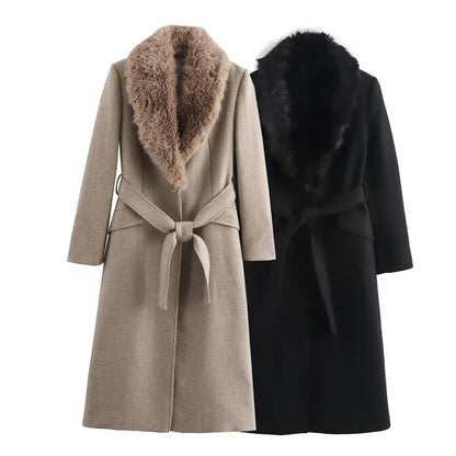 Women's Long Wool Coat with Fur Collar and Elegant Belt - Winter