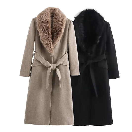 Women's Long Wool Coat with Fur Collar and Elegant Belt - Winter