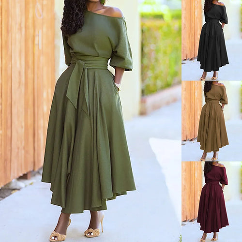 Elegant women's off-the-shoulder midi dress with a flared silhouette, defined waist, and pockets