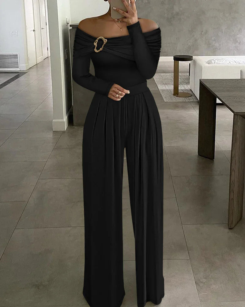 Women's Black Off-the-Shoulder Jumpsuit with Gold Buckle