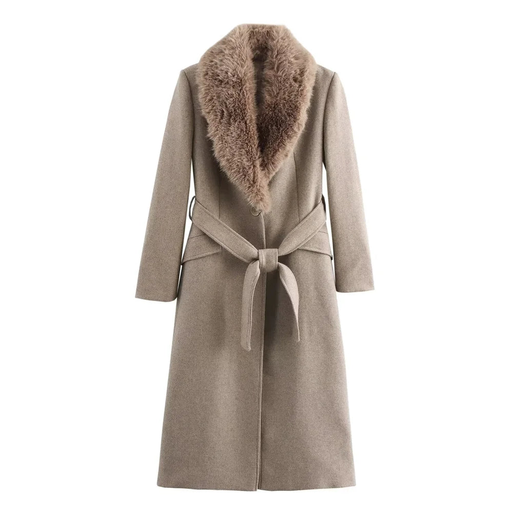 Women's Long Wool Coat with Fur Collar and Elegant Belt - Winter