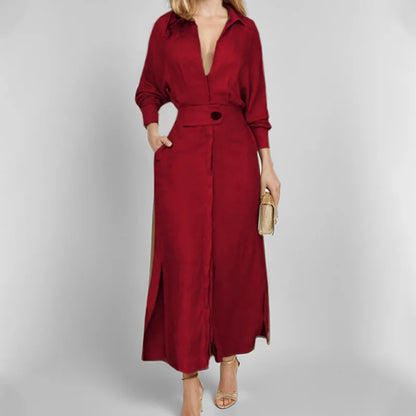 Elegant Women's Long Shirt Dress with Belt, Long Sleeves, Pockets, and Side Slit