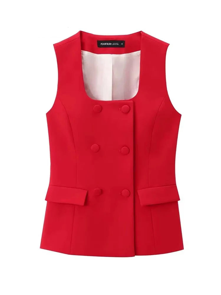 Women's Red Formal Outfit: Tailored Vest and Elegant Straight-Leg Trousers